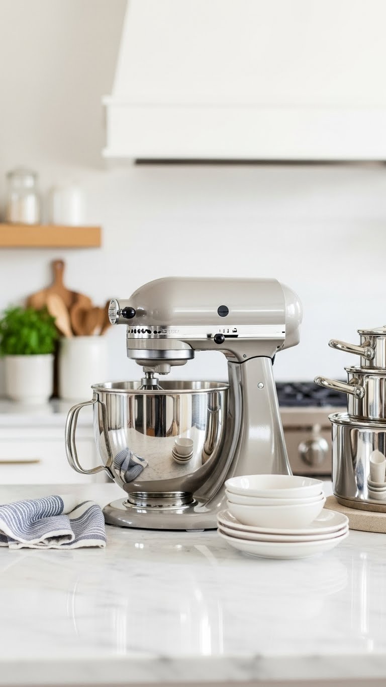 Modern stand mixer on marble countertop with stainless steel cookware and fresh herbs in bright kitchen interior