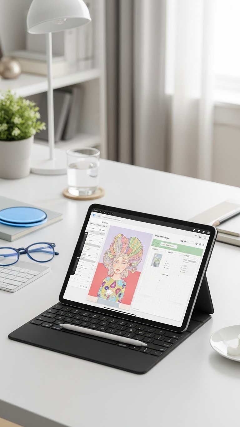 Modern tablet with digital stylus displaying vibrant artwork on minimalist desk with natural light