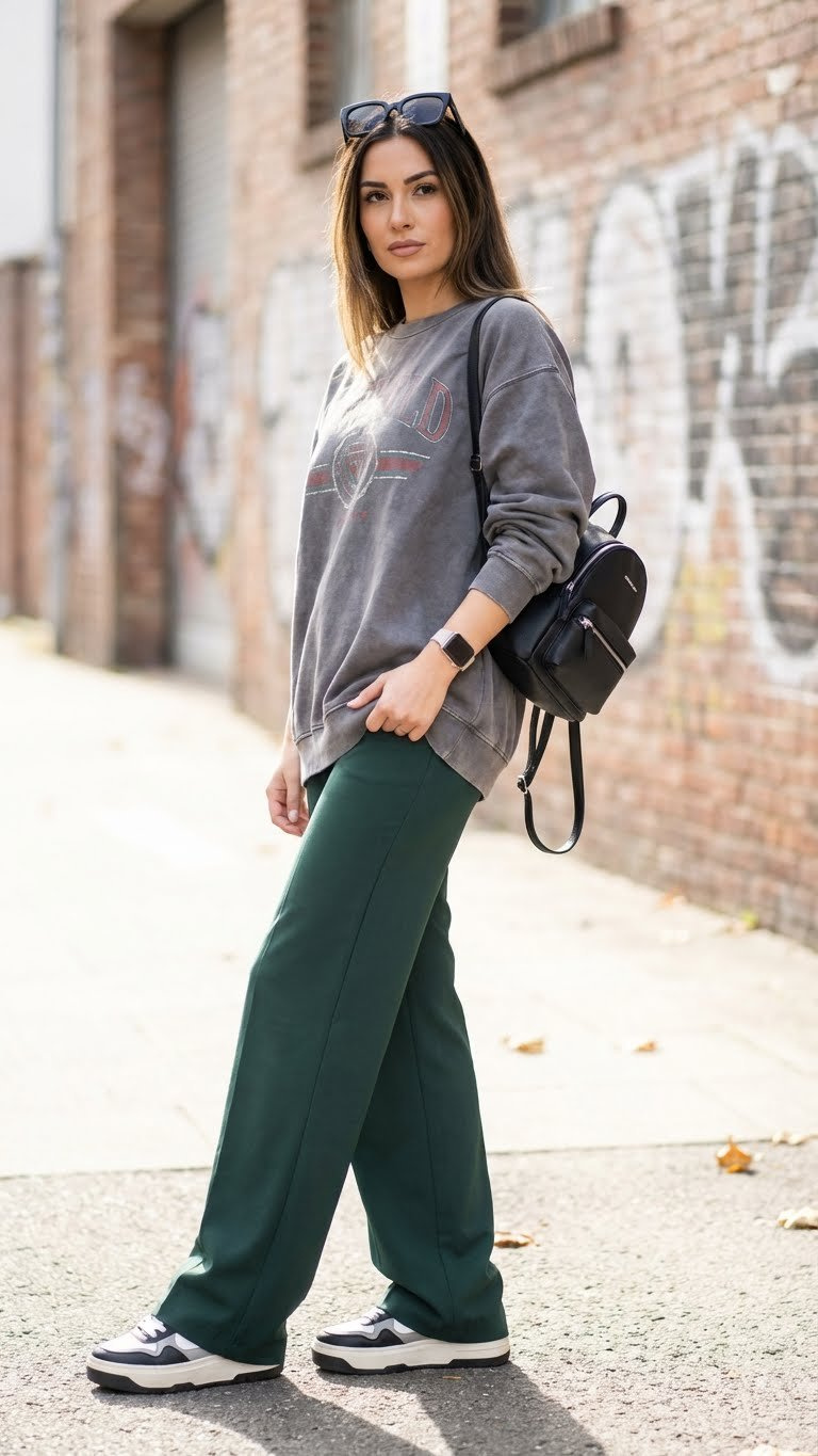 Modern trendy winter outfit with an oversized faded gray graphic sweatshirt, dark green wide-leg pants, and chunky platform sneakers.