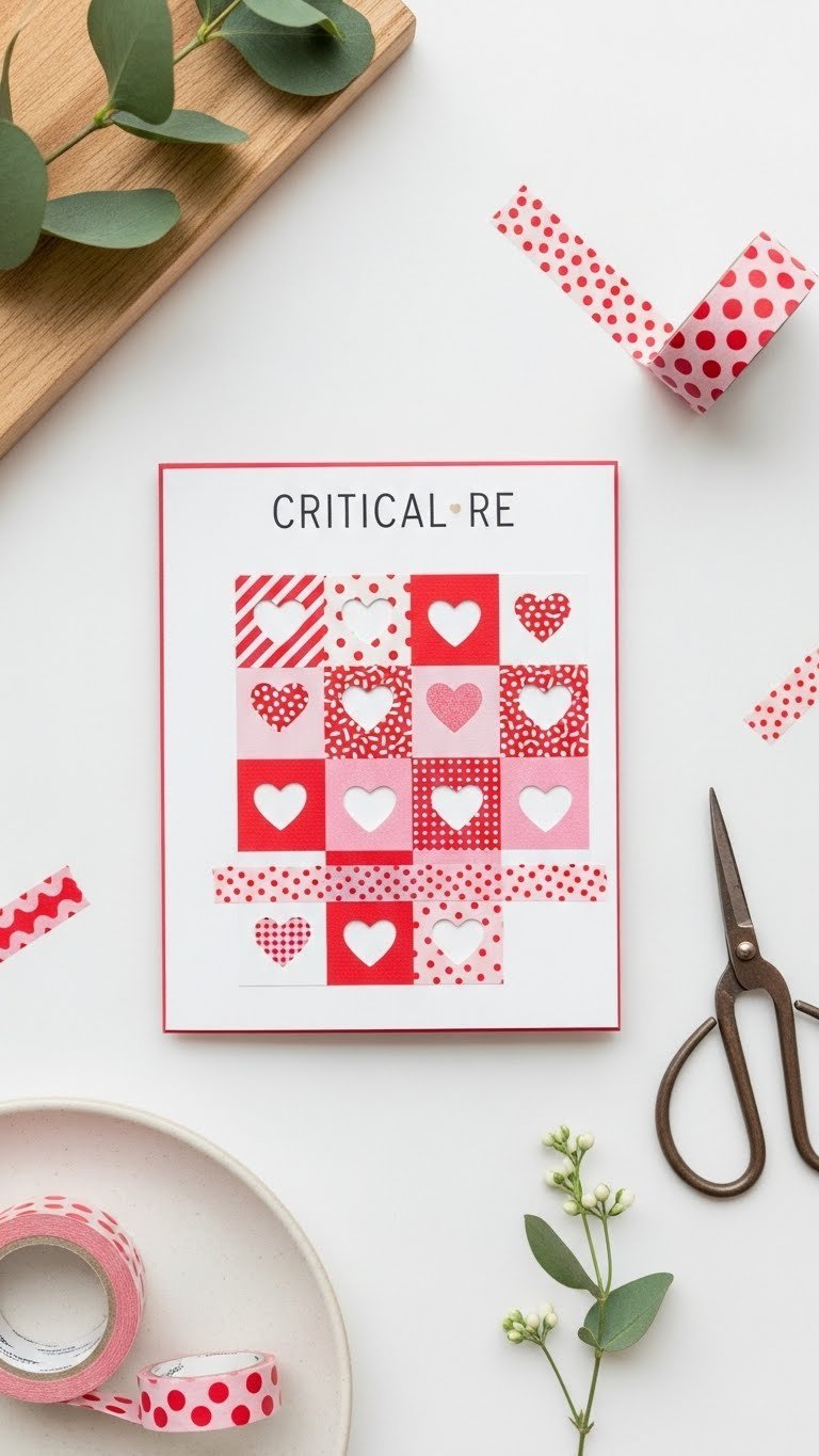 Modern washi tape heart grid Valentine card with patterned tape squares forming hearts on clean white background