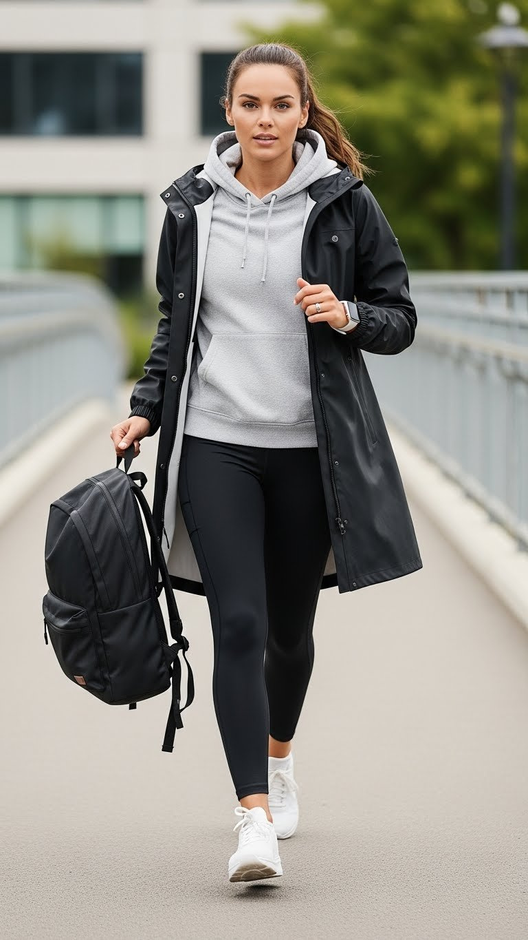 Modern waterproof long coat, leggings, hoodie, white sneakers. Sporty city activewear in motion with backpack.