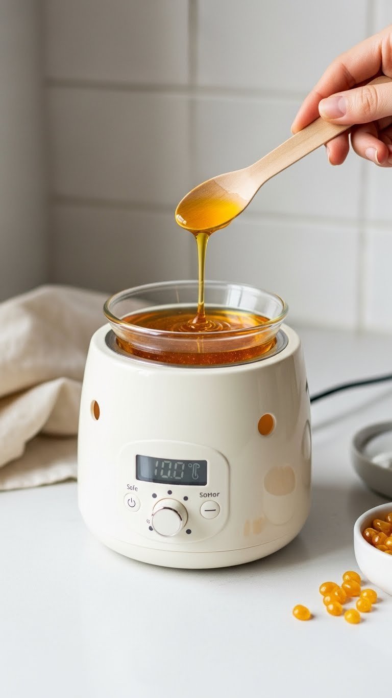 Modern wax warmer with melted golden hard wax beads showing ideal honey-like consistency on white countertop