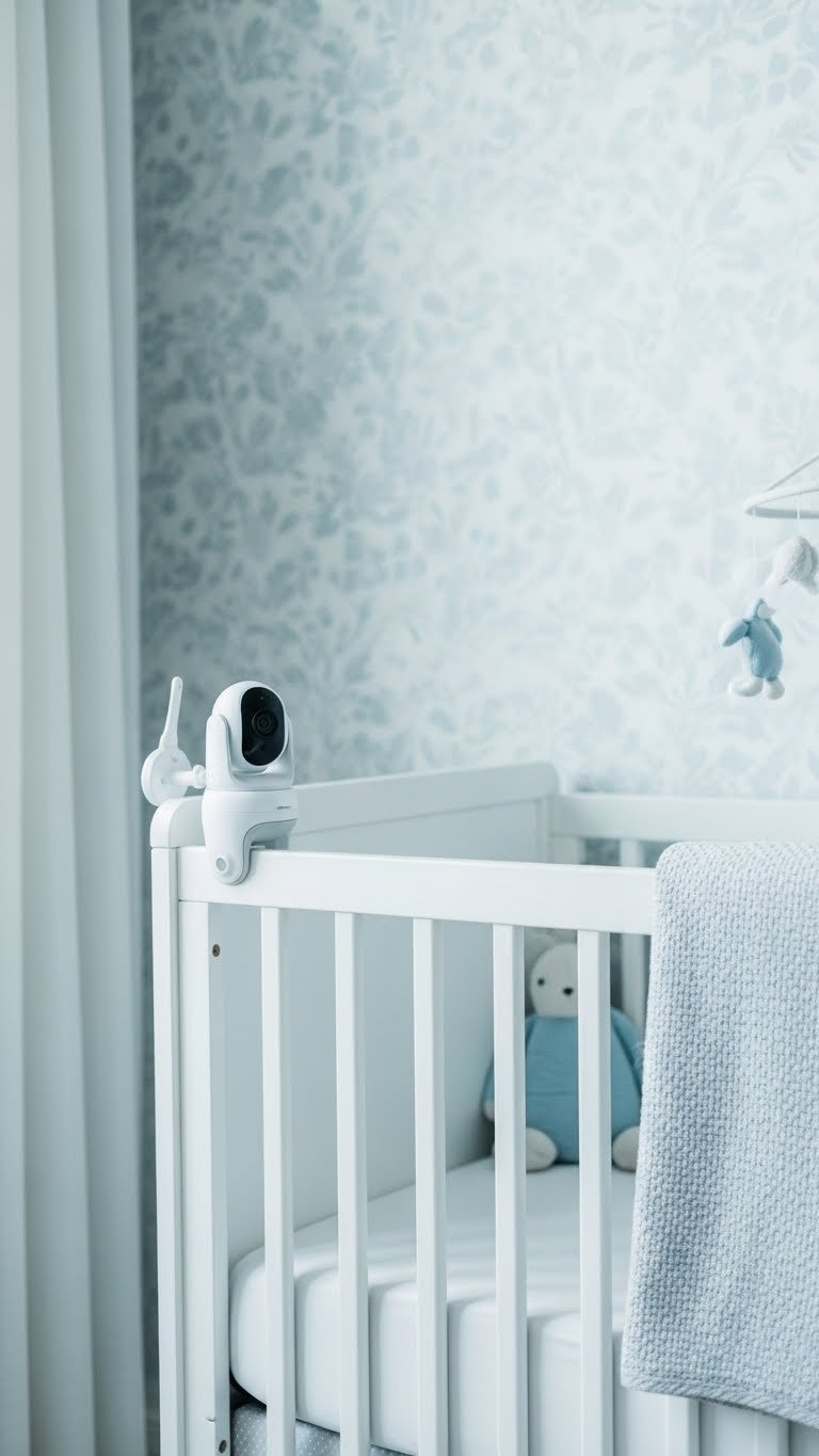 Modern white baby monitor camera mounted on nursery wall angled toward crib with soft blanket