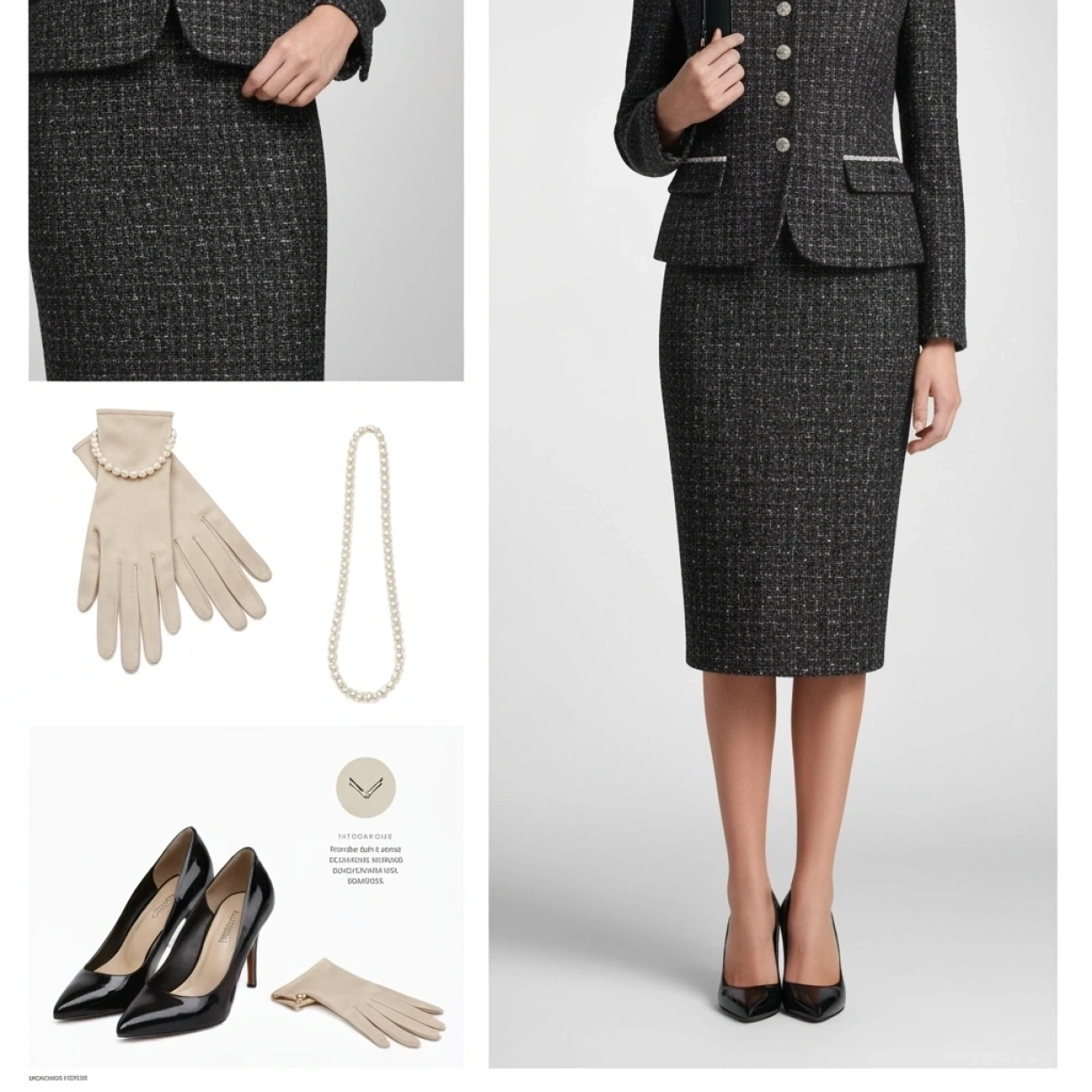 Modest tweed skirt suit with pearl necklace, matching gloves, and shiny pumps for a sophisticated winter church outfit.