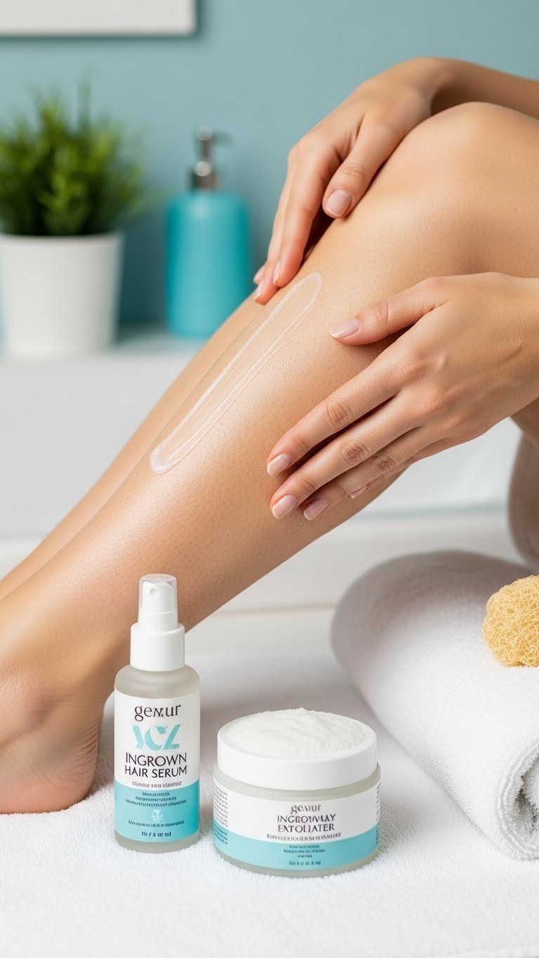 Moisturized leg with ingrown hair prevention serum and exfoliator for proactive post-wax skincare routine