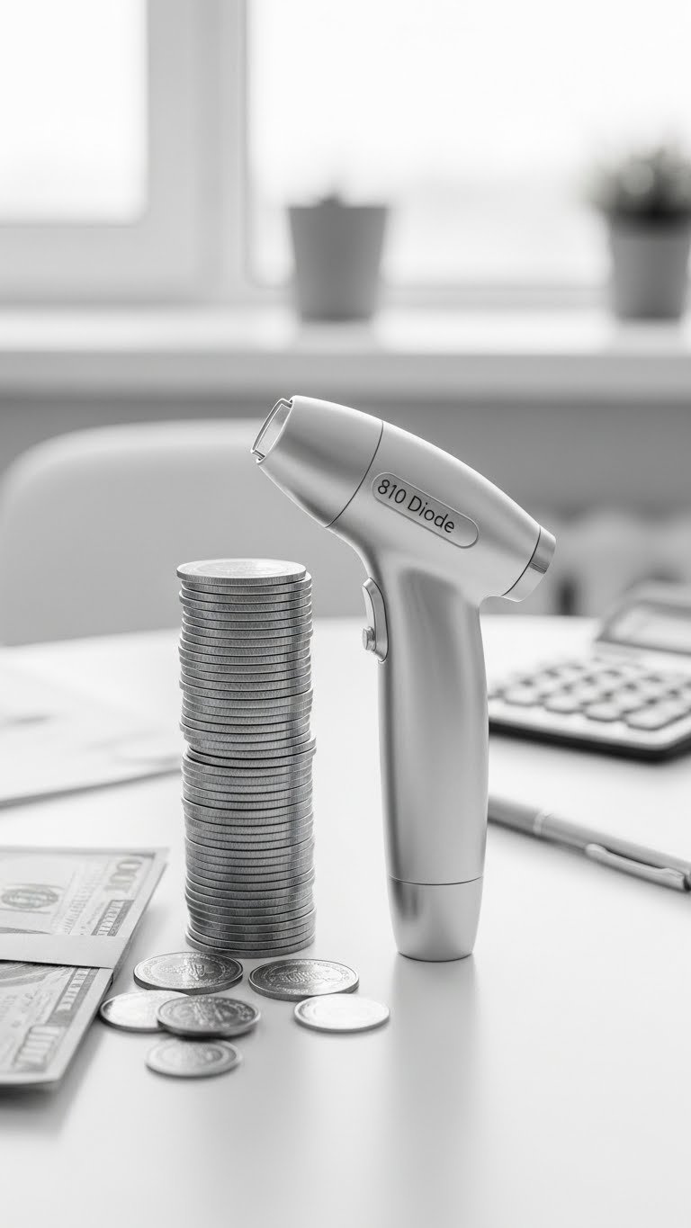 Money stacked next to laser hair removal handpiece representing cost-effective investment in permanent hair removal