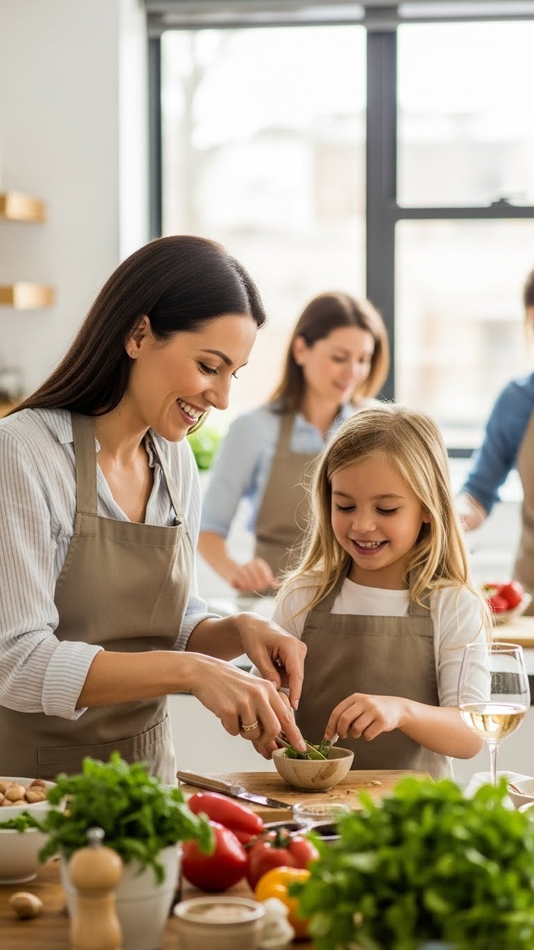 Mother and child enjoying cooking class with fresh ingredients and cooking utensils in bright kitchen