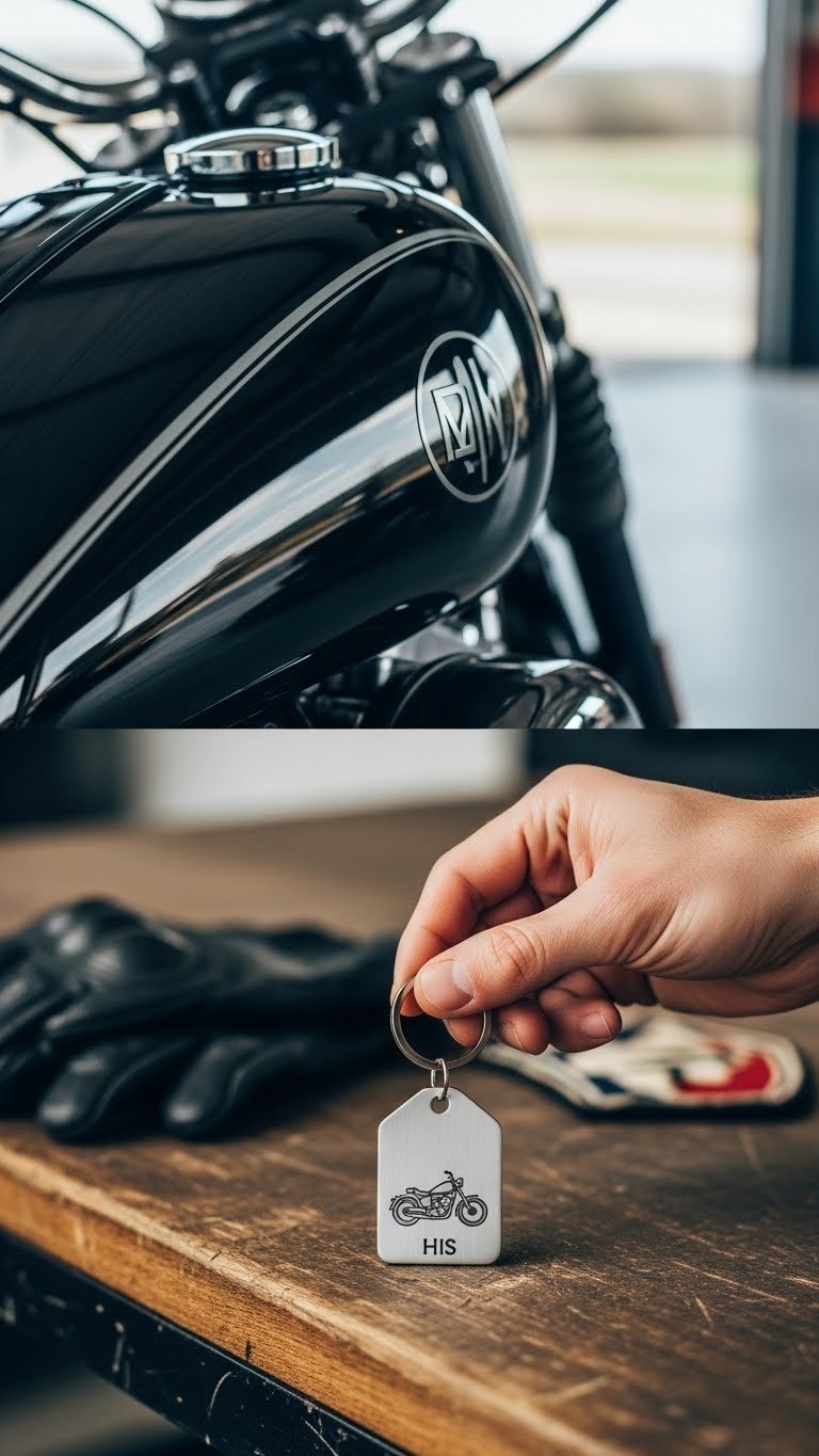 Motorcycle fuel tank with custom decal or personalized key chain featuring engraved motorcycle silhouette on polished surface