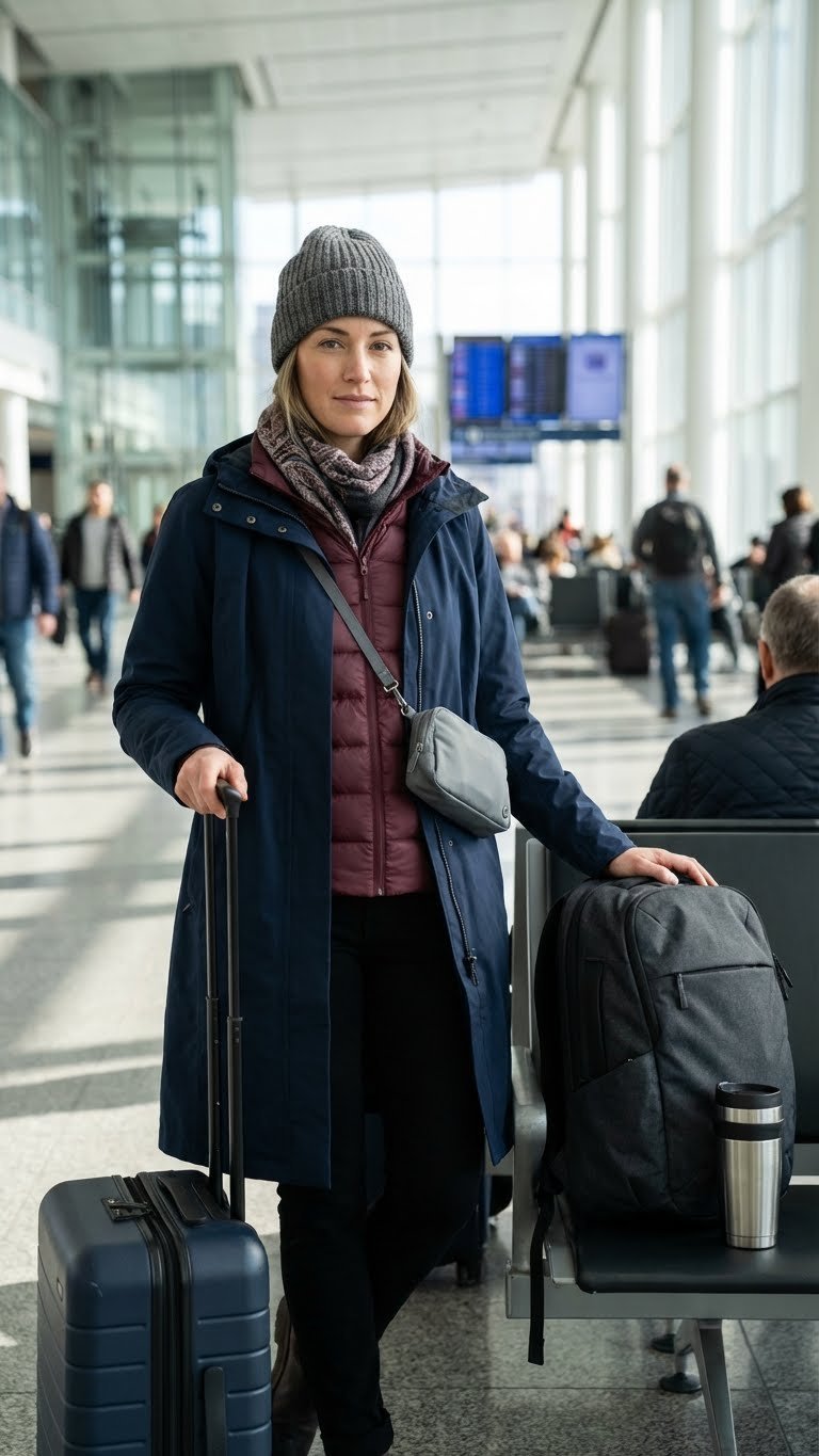 Multi-functional winter travel outfit: puffer jacket under trench coat, with scarf, beanie, and luggage, in a busy airport.