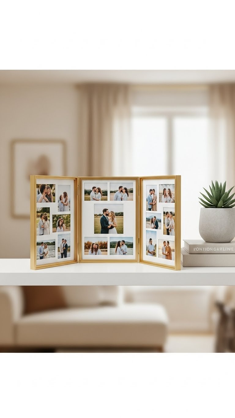 Multi-photo collage frame showcasing diverse couple photos arranged artfully on minimalist shelf with bright daylight