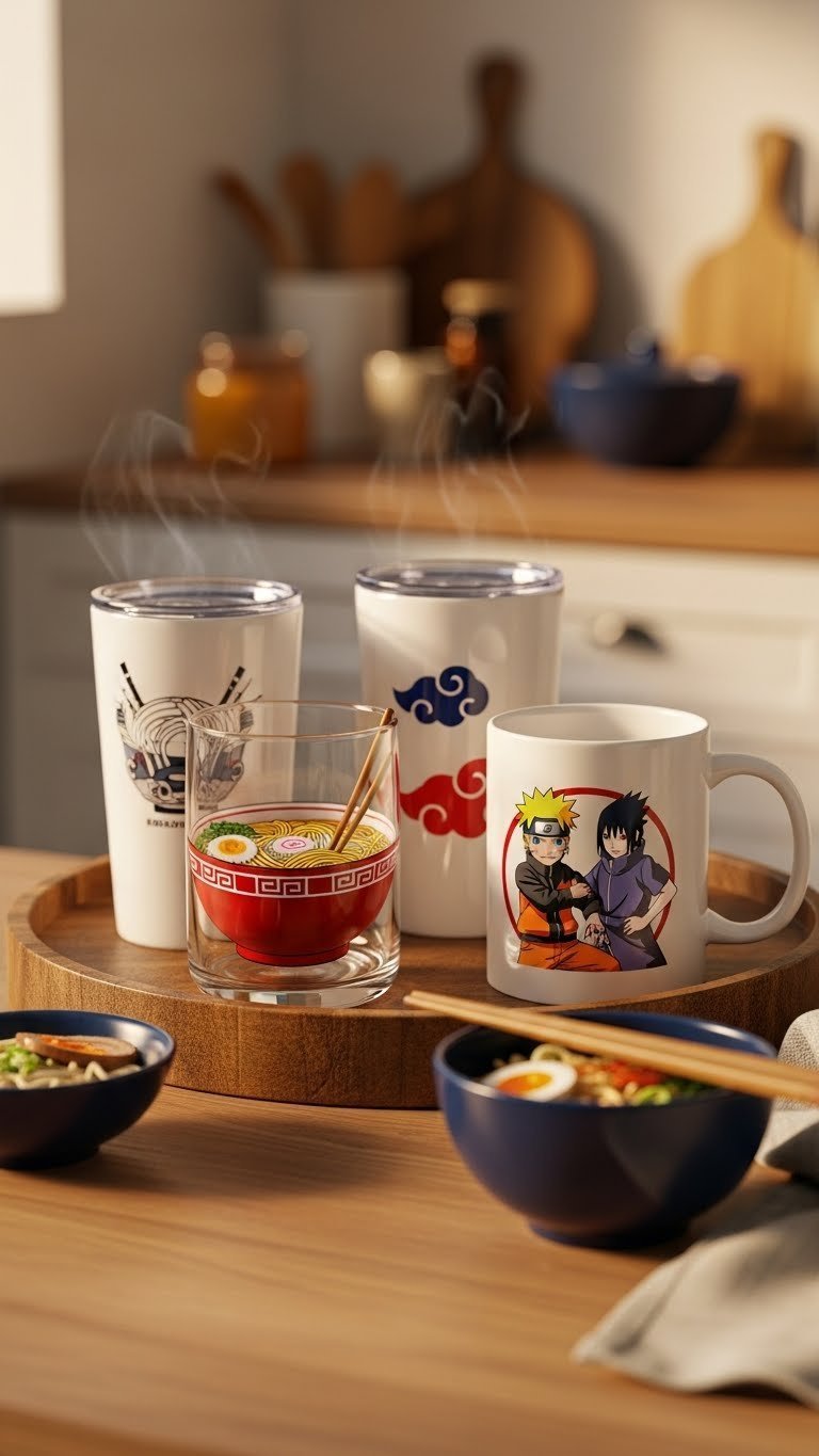 Naruto-themed drinkware set including ramen bowl design glasses arranged on rustic wooden tray with warm lighting