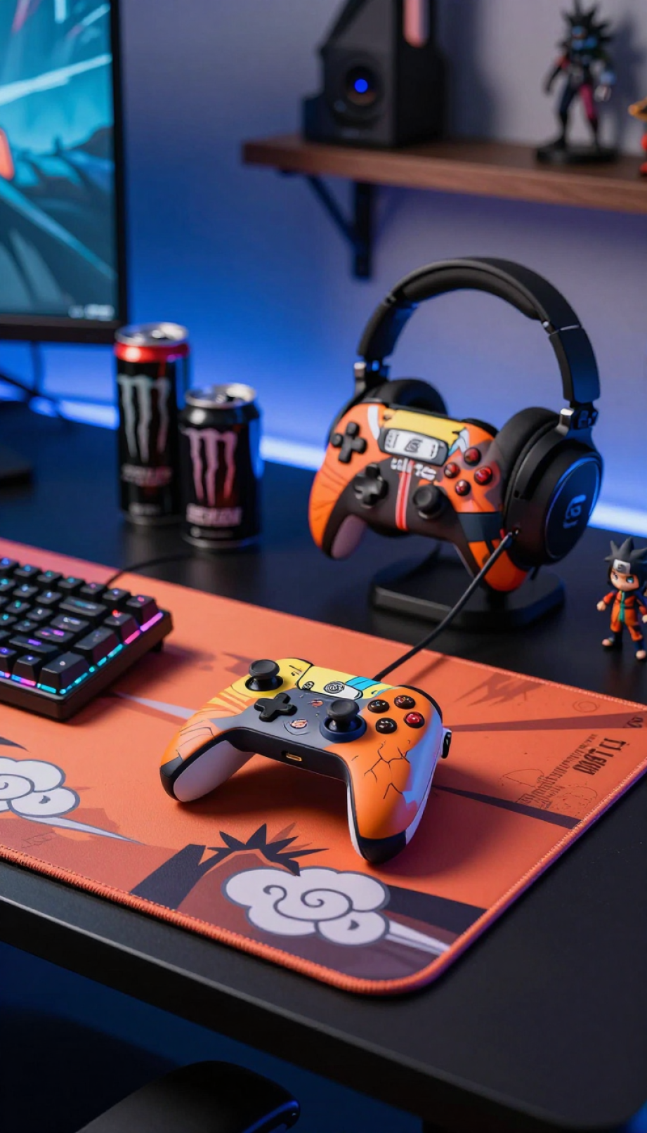 Naruto-themed gaming gear setup with mousepad and controller on black gaming desk with LED lighting
