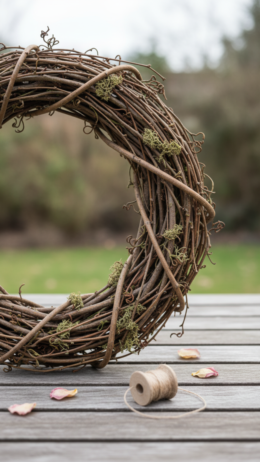 Natural grapevine Valentine wreath base with dried moss texture on rustic wooden table setting.