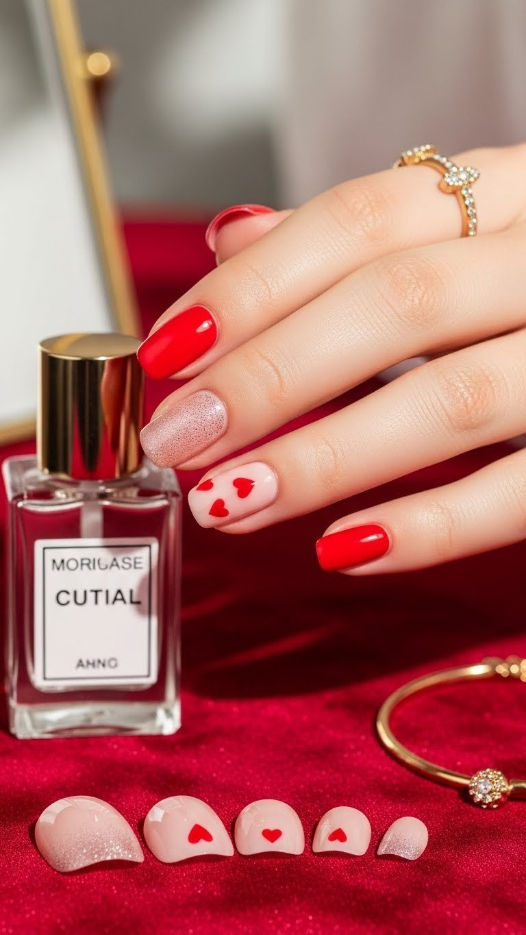 Natural-looking press-on Valentine's nails with glitter hearts on velvet surface