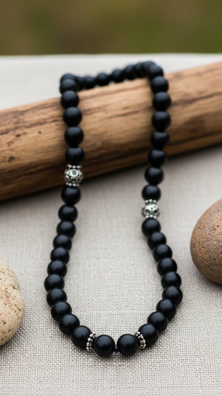 Natural matte black onyx beaded necklace draped on textured linen tablecloth with earthy outdoor setting backdrop