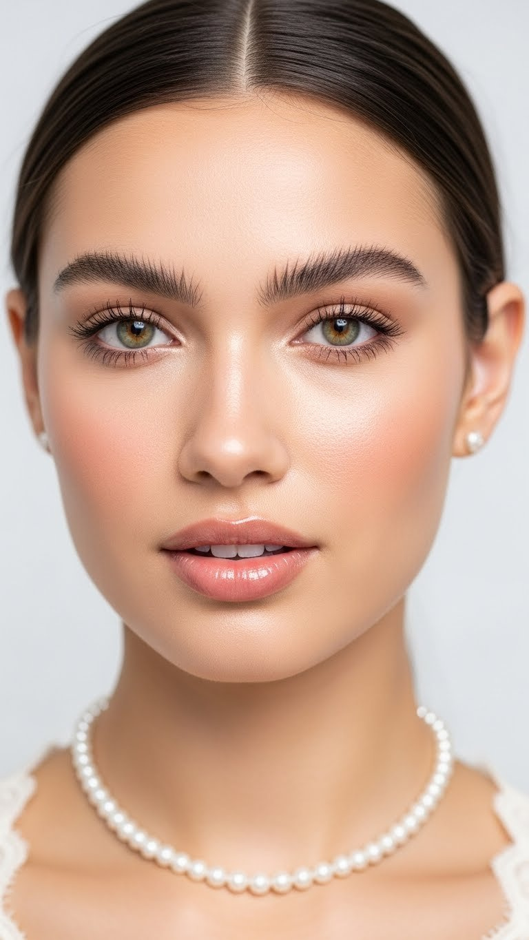 Natural no-makeup makeup look portrait with flawless radiant skin, defined brows, and glossy natural lips for Valentine's Day