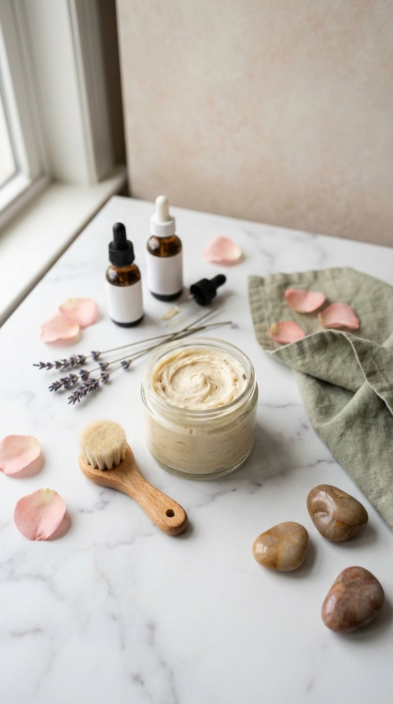 Natural pregnancy belly butter and skincare products arranged on white marble countertop with botanical elements