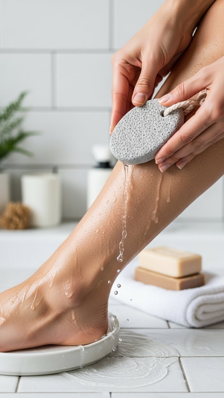 Natural pumice stone rubbing wet skin on lower leg for gentle exfoliation and hair removal