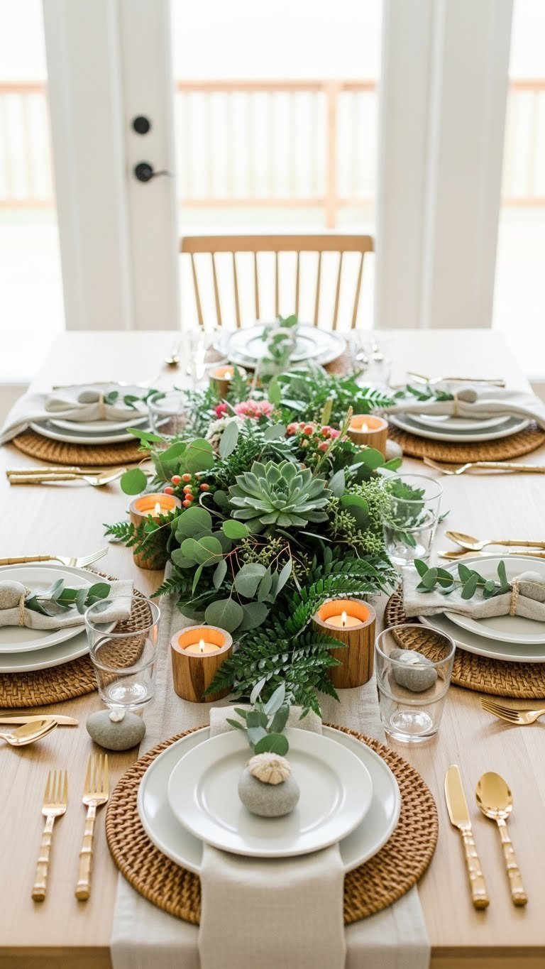 Nature-inspired Valentine's table with eucalyptus garlands, succulents, and earth-toned linens on light wooden table.