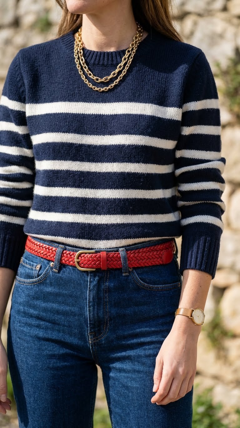Navy and white striped sweater, dark jeans, red leather belt, and a bold gold chain necklace. Vibrant effortless winter style.