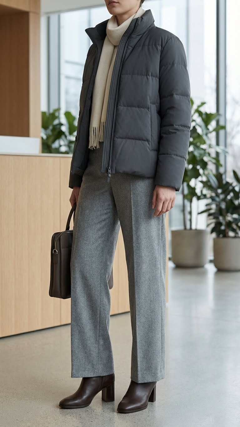Navy matte puffer jacket, tailored wool trousers, leather ankle boots, briefcase, office business casual fashion.