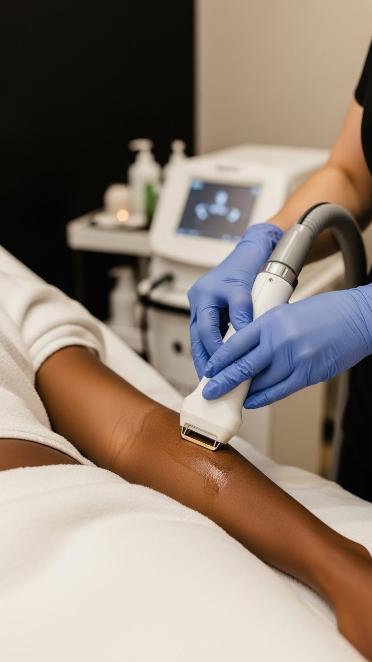 Nd:YAG laser hair removal treatment on darker skin tone arm demonstrating safety and precision in professional clinic