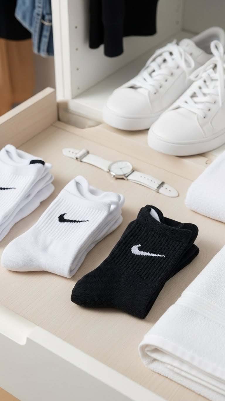 Neatly folded Nike performance socks arranged on light wooden surface with clean aesthetic presentation