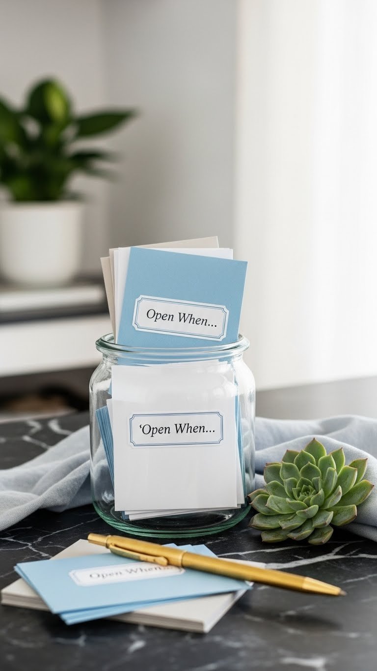 Neatly folded 'Open When' envelopes peeking from clear glass jar on dark marble countertop with elegant decor
