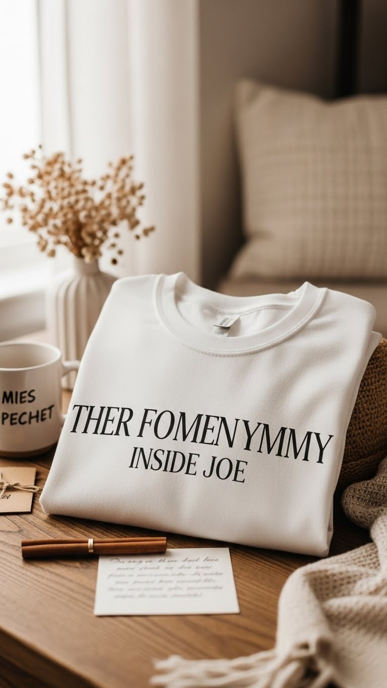 Neatly folded custom t-shirt with subtle graphic design displayed on warm-toned rustic background