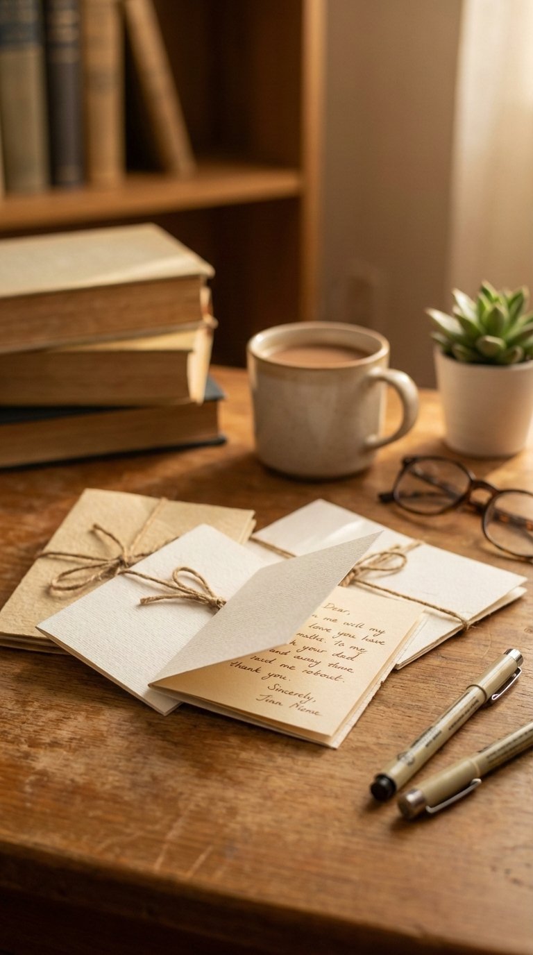 Neatly folded handwritten encouragement notes with sincere messages displayed on rustic wooden desk setting