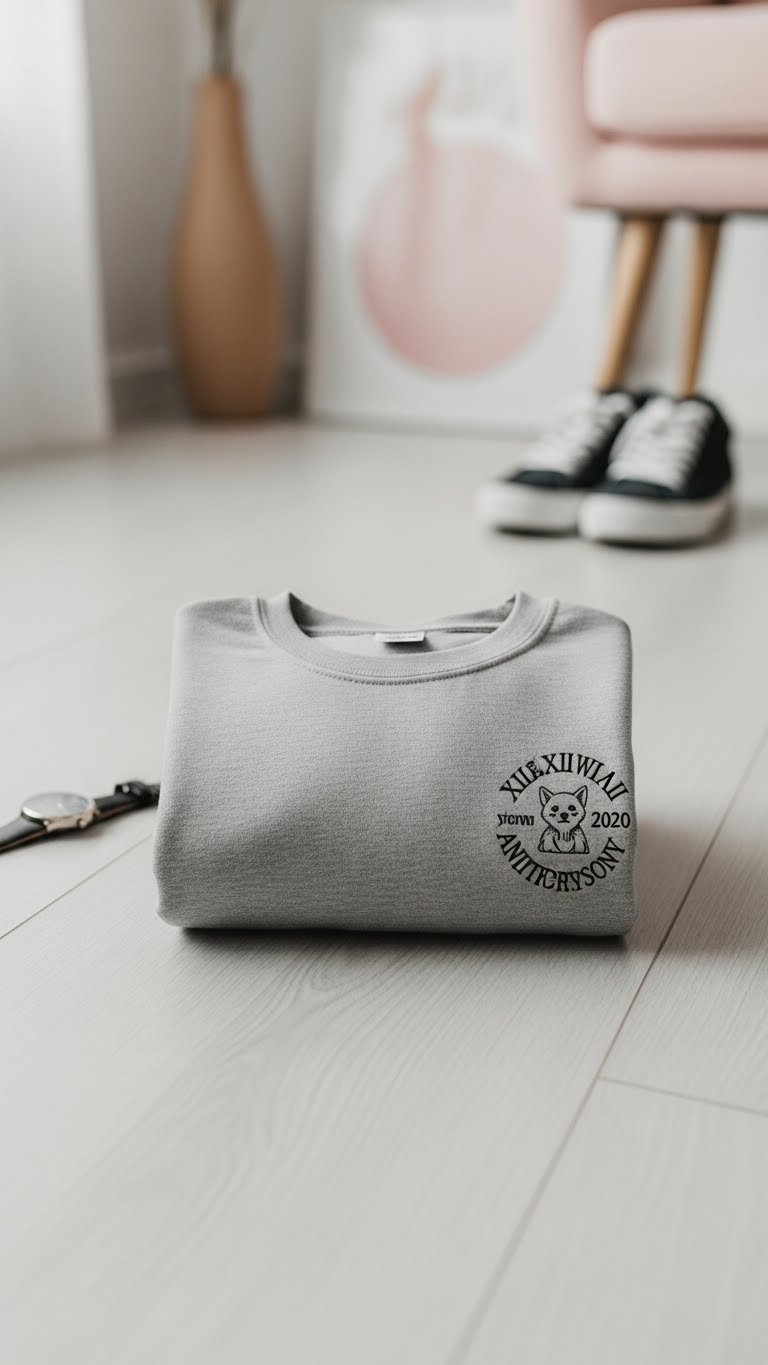 Neatly folded personalized hoodie with embroidered design displayed in flat lay style on light wooden background.