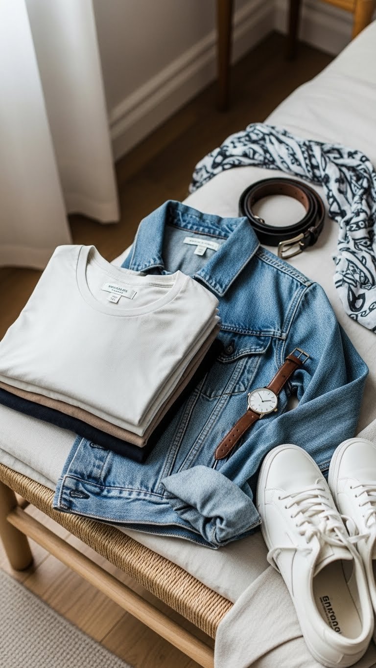 Neatly folded premium t-shirts, denim jacket, and stylish sneakers arranged in minimalist fashion flat lay