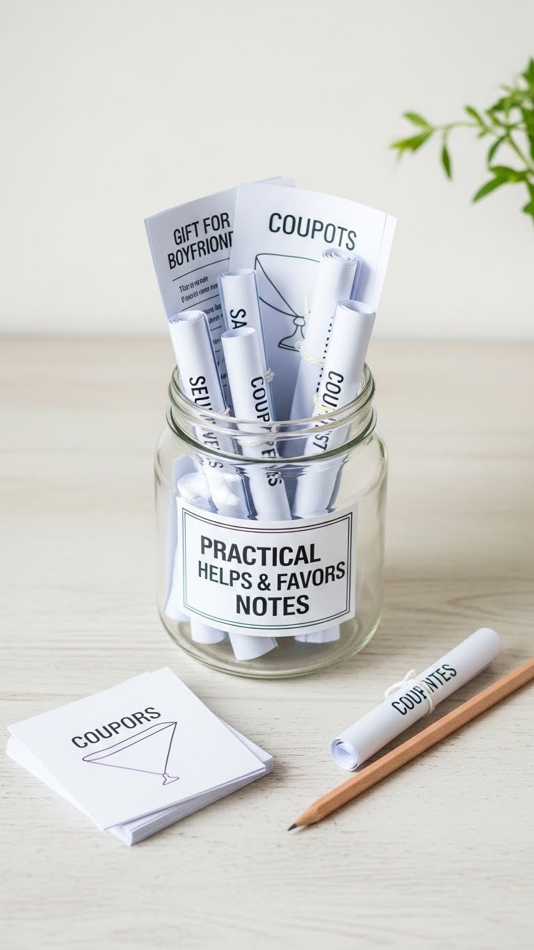 Neatly organized practical favor coupons contained in utilitarian glass jar on clean functional desk