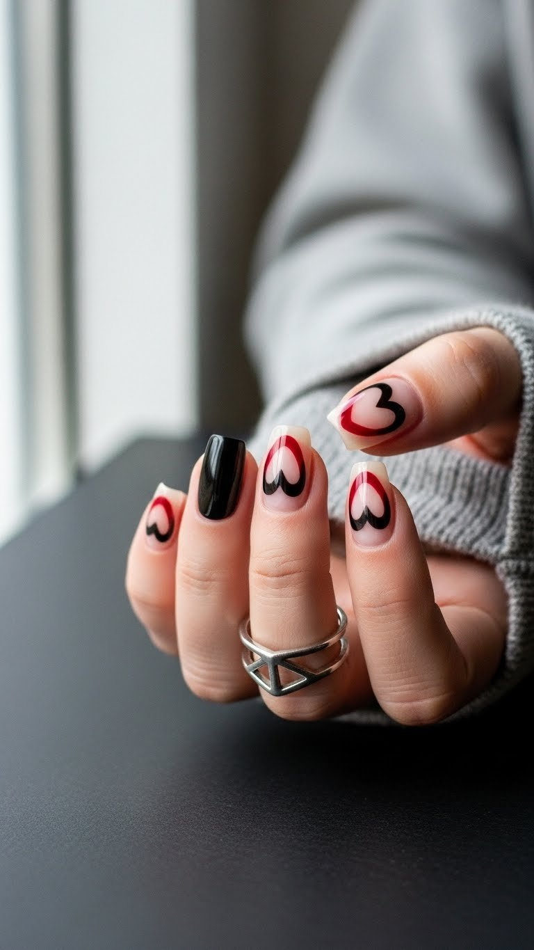 Negative space nail art with clear heart shapes outlined in contrasting color against minimalist black surface
