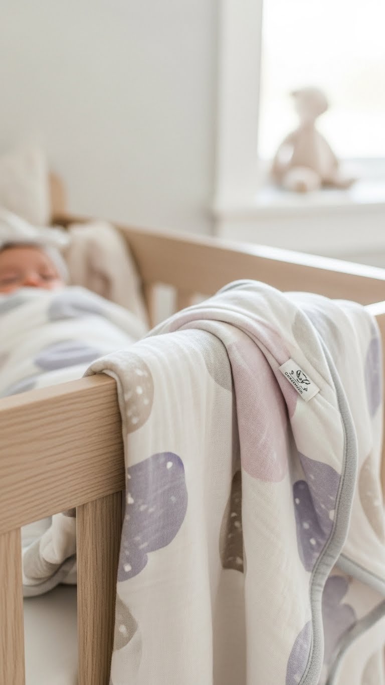 Neutral-toned organic cotton baby sleep sack draped over crib rail with blurred baby head in background