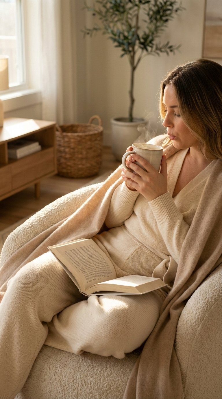 New mom wearing comfortable loungewear set relaxing in armchair with cozy blanket and warm lighting.