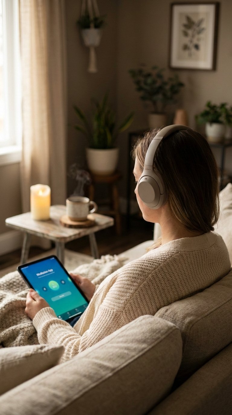 New mom wearing wireless headphones relaxing peacefully on couch with soft ambient lighting.