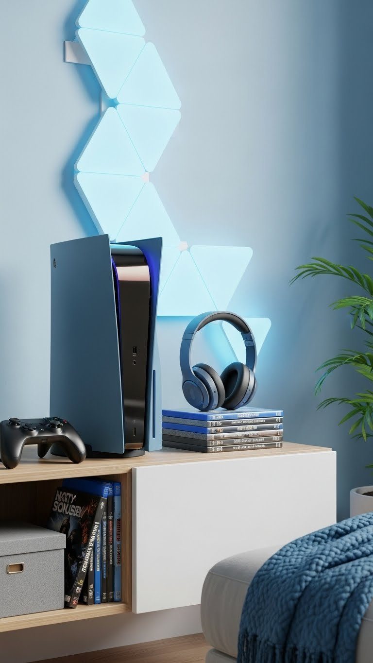 Next-gen gaming console with controller on modern media console with wireless headphones and video games