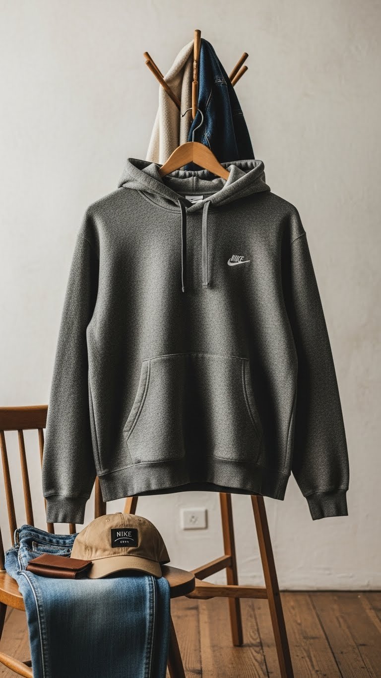 Nike Club Fleece hoodie draped over wooden hanger against textured wall with soft natural lighting