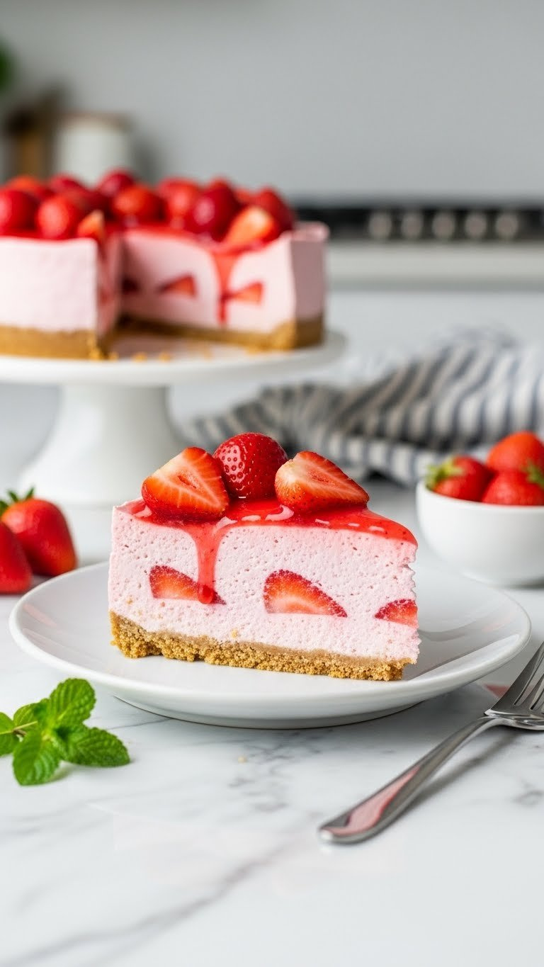 No-bake strawberry cheesecake slice with graham cracker crust and fresh berries on white ceramic plate
