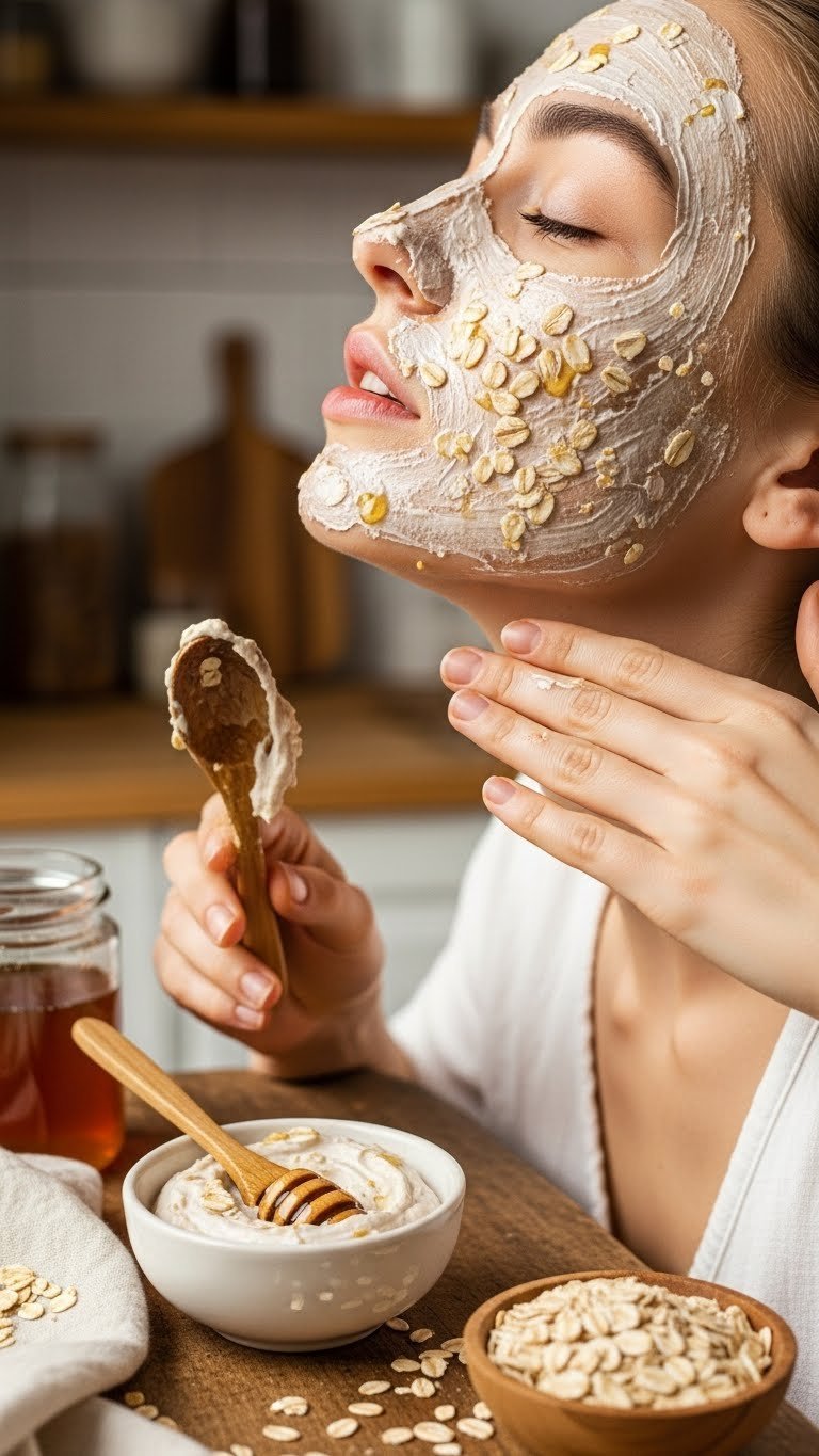 Oatmeal and honey mask applied to neck with visible oats for soothing skincare treatment
