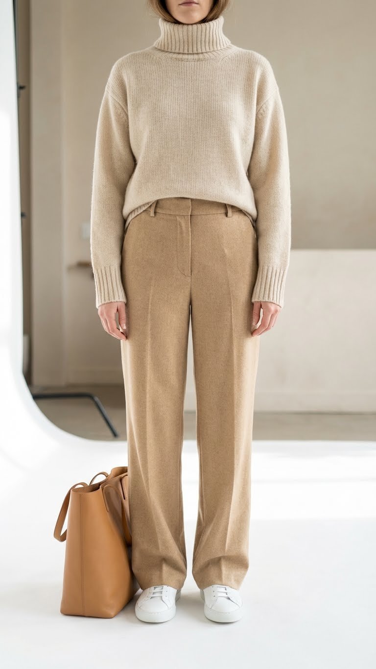 Oatmeal cashmere turtleneck sweater with beige wide-leg wool trousers, leather tote, and sneakers. Sophisticated monochromatic winter fashion.