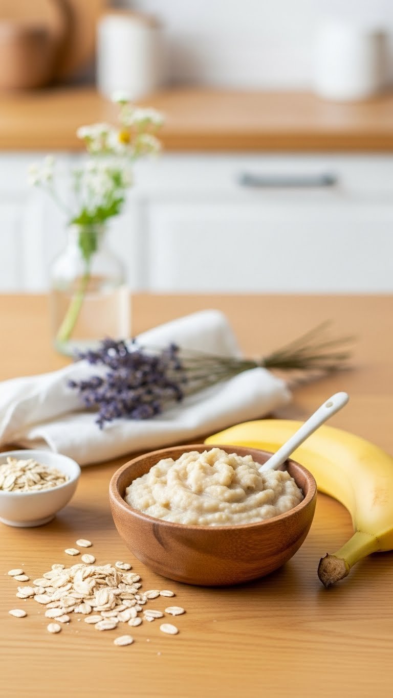 Off-white oatmeal and banana gentle cream mixture in wooden bowl with ceramic spoon nearby