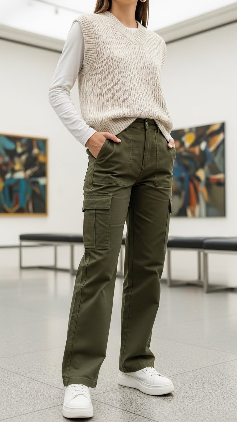 Olive green cargo pants with cream knit sweater vest over white tee in modern art gallery setting