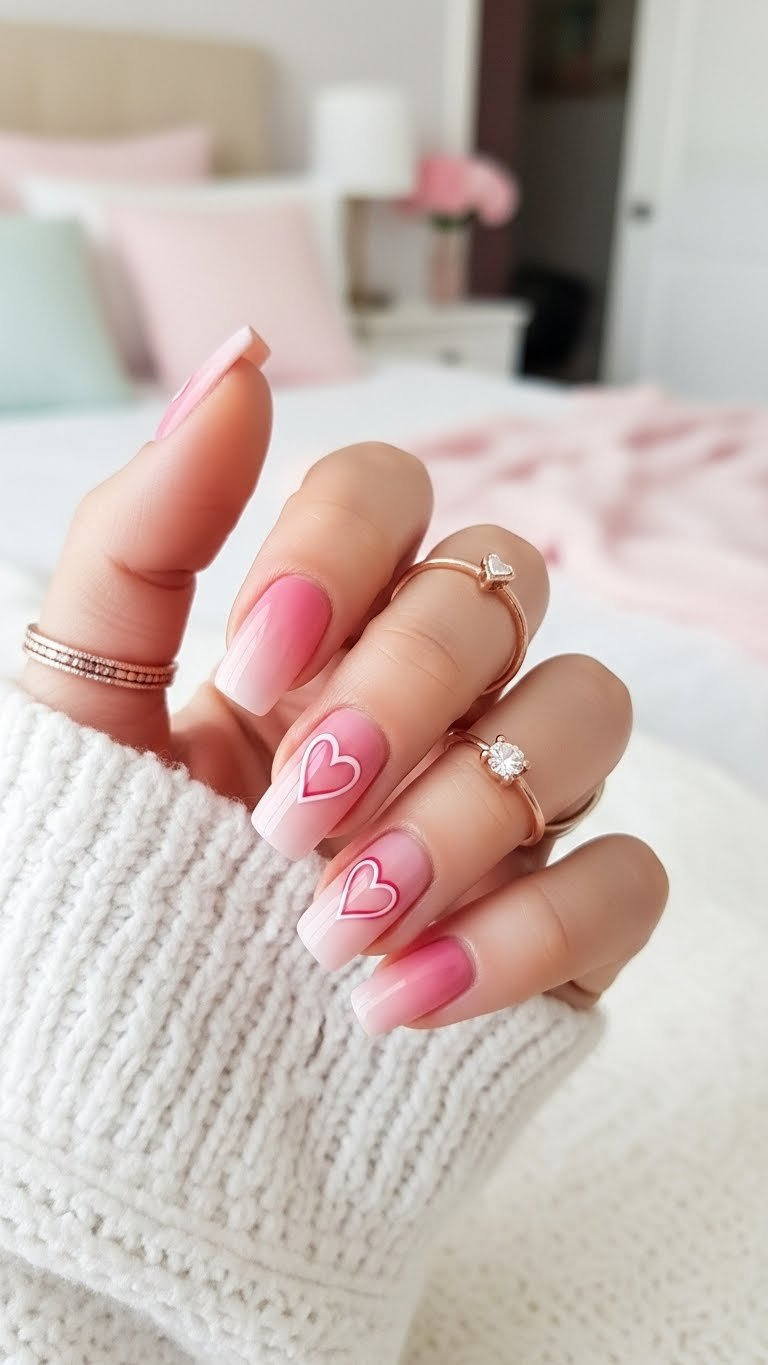 Ombré pink heart nails showing light-to-deep pink gradient with delicate heart shapes on white blanket