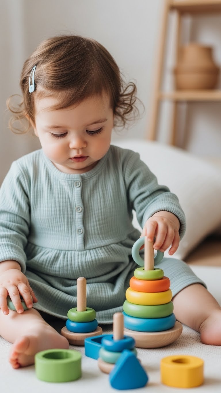One-year-old baby girl playing with colorful Montessori wooden stacking rings on neutral playmat, focusing on fine motor skill development