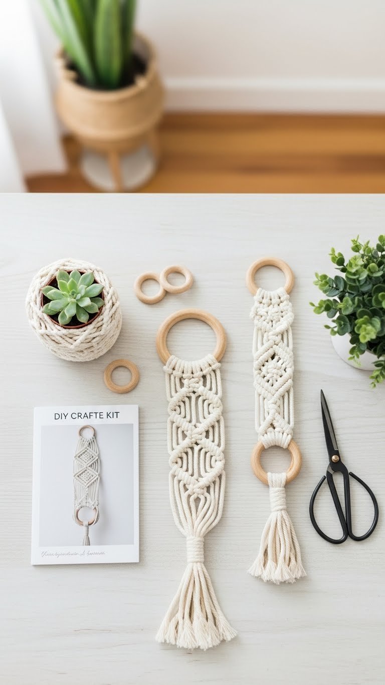 Open DIY macrame plant hanger kit with cotton ropes and wooden rings on light-colored wooden surface