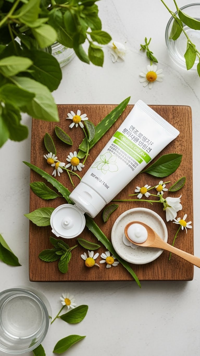 Open Korean hair removal cream tube with white creamy texture surrounded by fresh botanical ingredients on rustic wood