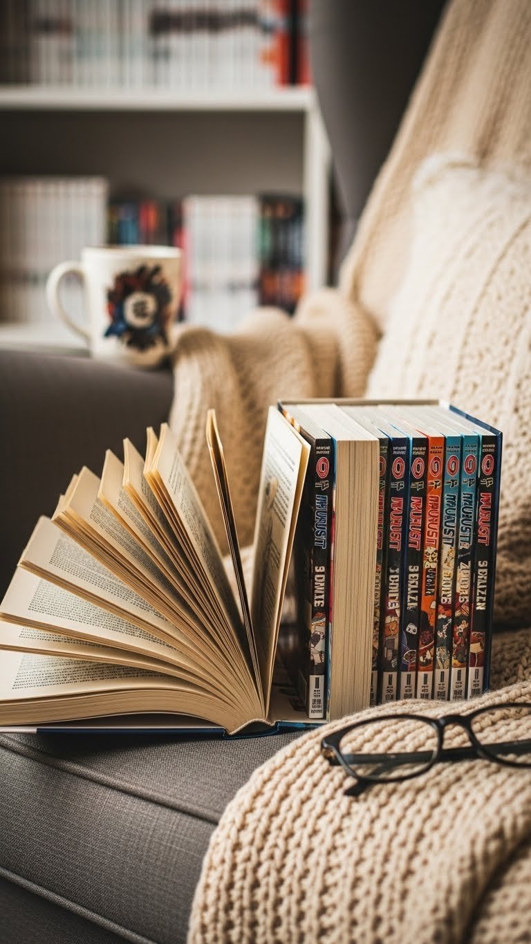 Open Naruto manga box set with volumes displayed on cozy armchair in soft natural reading nook setting