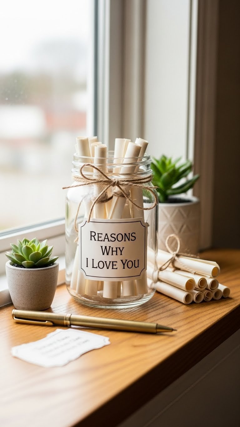 Open 'Reasons Why I Love You' jar filled with parchment scrolls on wooden windowsill with soft natural lighting
